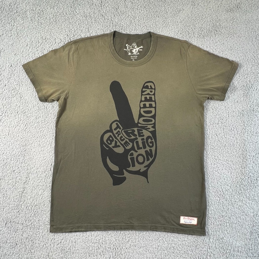 True Religion Graphic T-Shirt Peace Sign FREEDOM Olive‎ Green Men's Size XL NWT